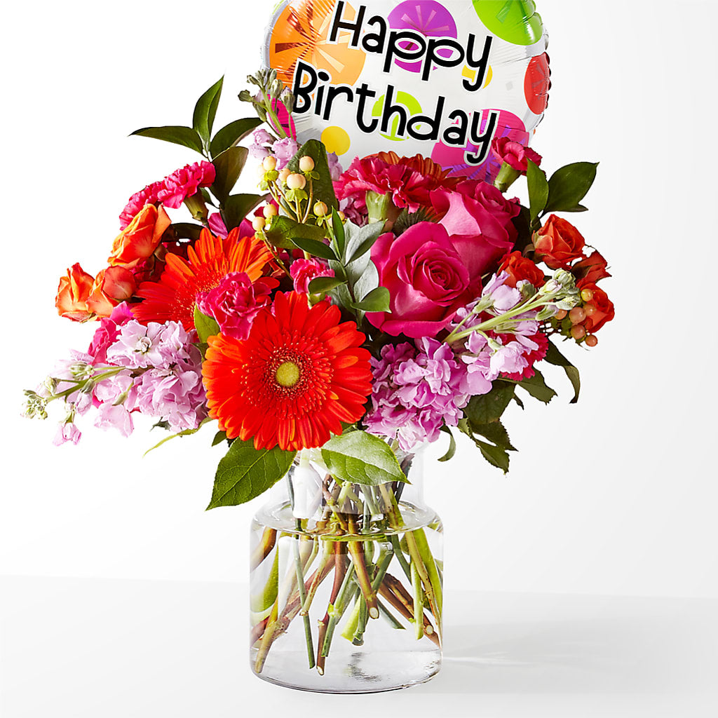 Fiesta Bouquet with Birthday Balloon – ELLIJAY'S HOMETOWN FLORIST INC, Ellijay GA