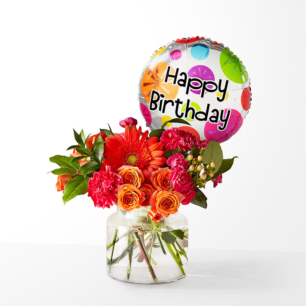 Fiesta Bouquet with Birthday Balloon – ELLIJAY'S HOMETOWN FLORIST INC, Ellijay GA