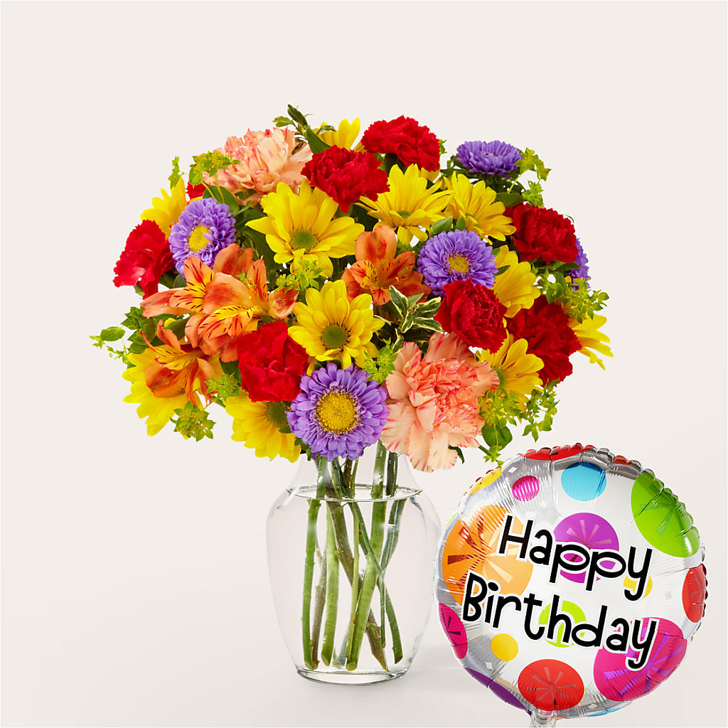 Kaleidoscope Bouquet with Birthday Balloon – ELLIJAY'S HOMETOWN FLORIST INC, Ellijay GA