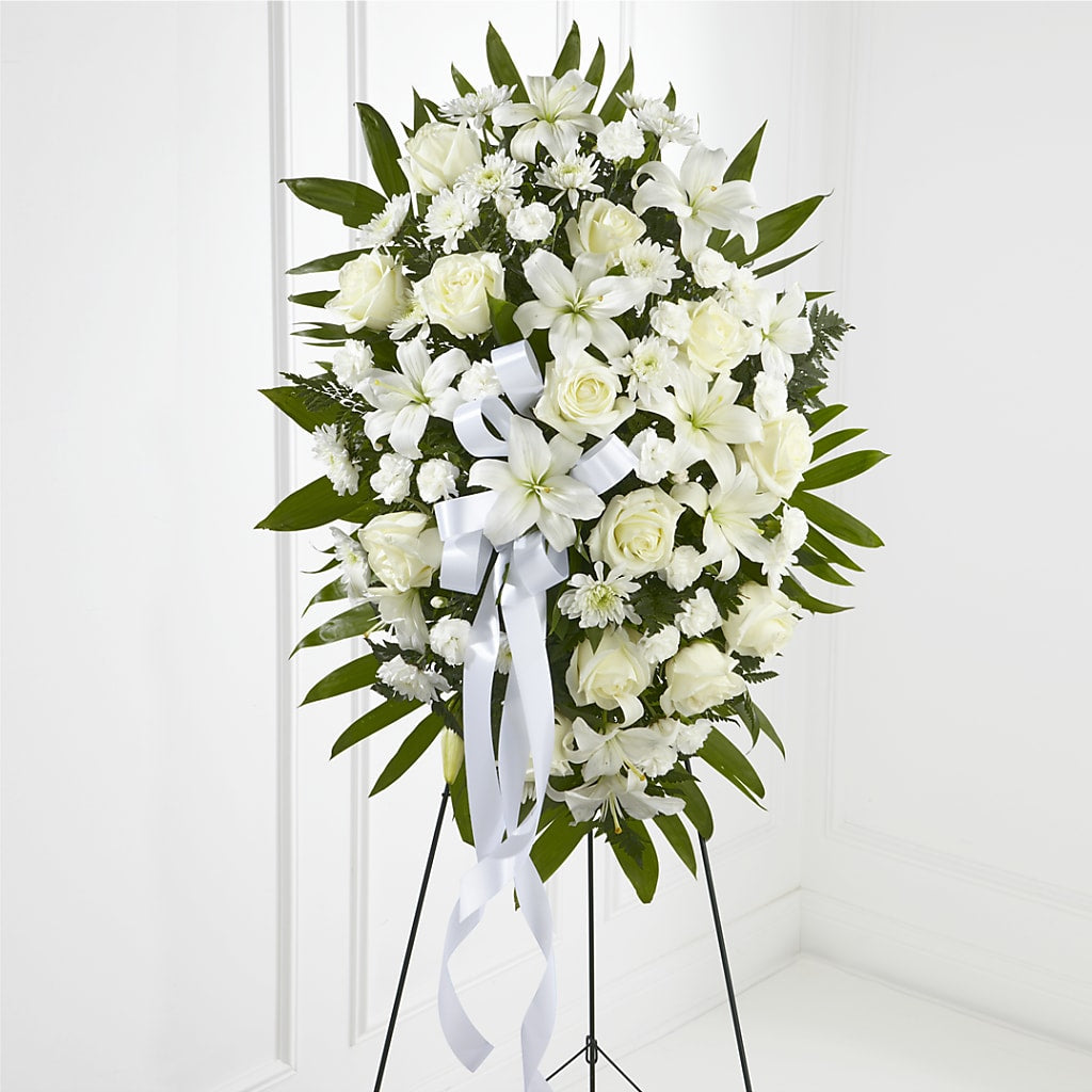 Exquisite Tribute Standing Spray-White Ribbon – ELLIJAY'S HOMETOWN FLORIST INC, Ellijay GA