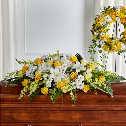 Golden Harmony Casket Spray – ELLIJAY'S HOMETOWN FLORIST INC, Ellijay GA